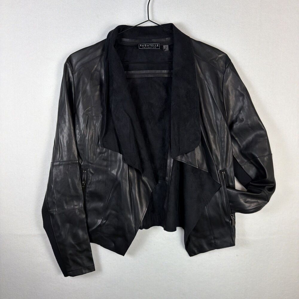 Bagatelle Womens Size M Black Faux Leather Draped Open Front Moto Biker Jacket